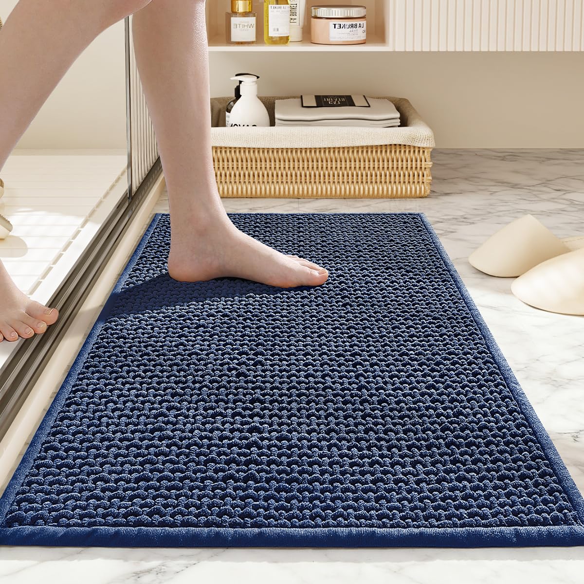 HRILO Bathroom Rugs Non Slip Washable, Super Absorbent Thin Bath Mat for Small Quick Dry Low Pile Bathroom Rug, (Navy Blue, 36″x24″)