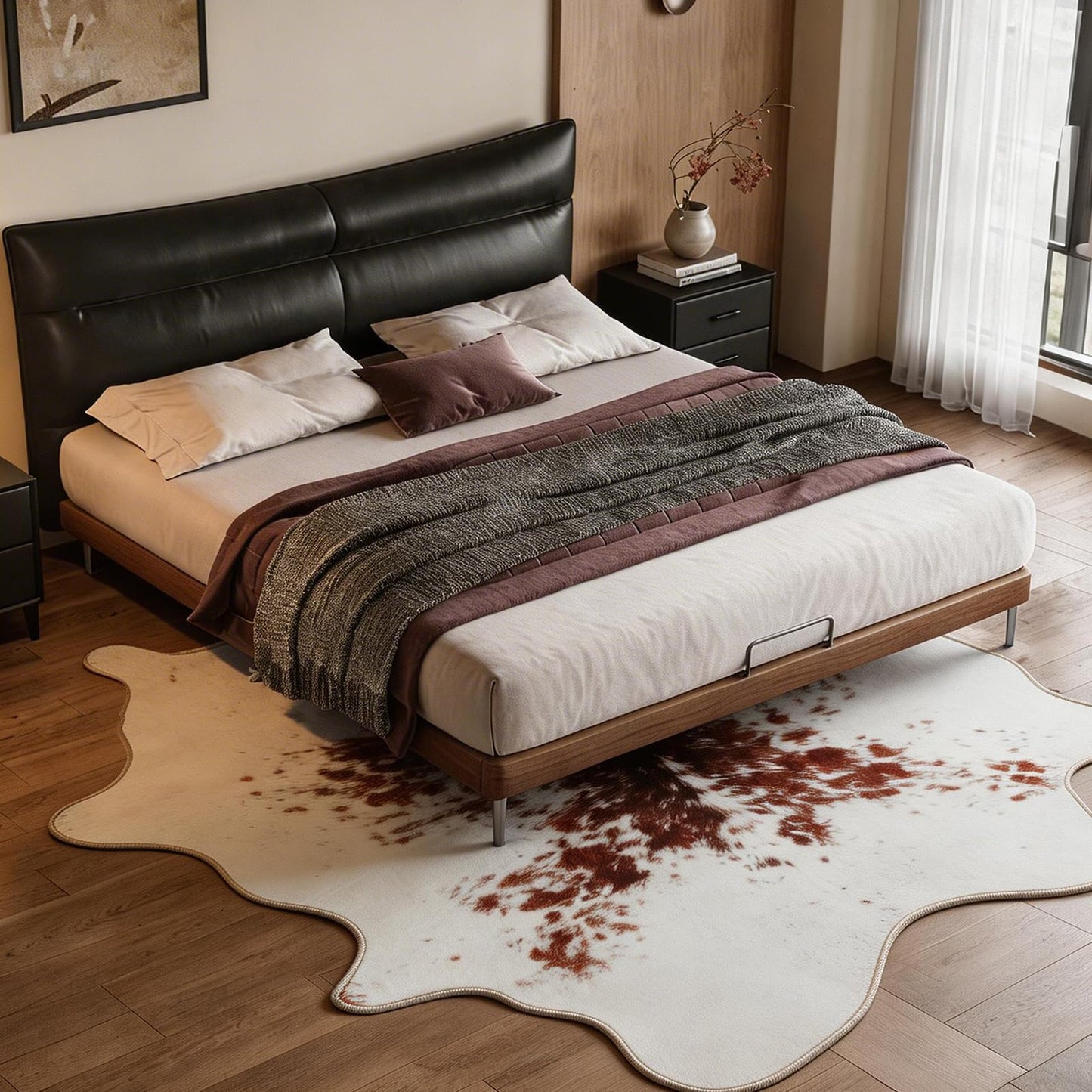 ThreadGlobe Faux Cowhide Rug, Cow Print Western Area Rug for Living Room, Non-Slip Stain Resistant Carpet with Suede Backing, Easy Clean Rug for Bedroom, Western Decor, White Brown, 4'7"x5'3"