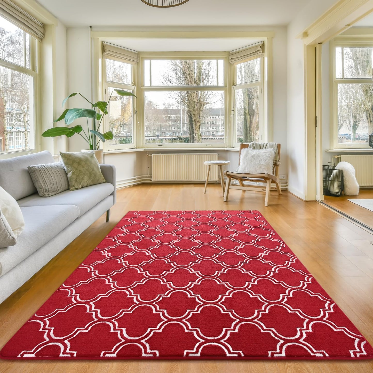 Amearea Fluffy Indoor Area Rug, Soft Trellis Moroccan Rugs for Bedroom, Shag Modern Area Rug for Living Room Kids Room Nursery, Easy Clean, Home Decor Low Pile Carpet, Wine Red 7x10 Feet