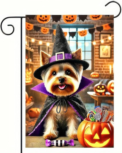 Happy Halloween Puppy Garden Flag Halloween Yorkie Flag for Outside Small 12x18 Double Sided,Fall Winter Witch Hat Dog Yard Flag Patio Room Garden Home Decor