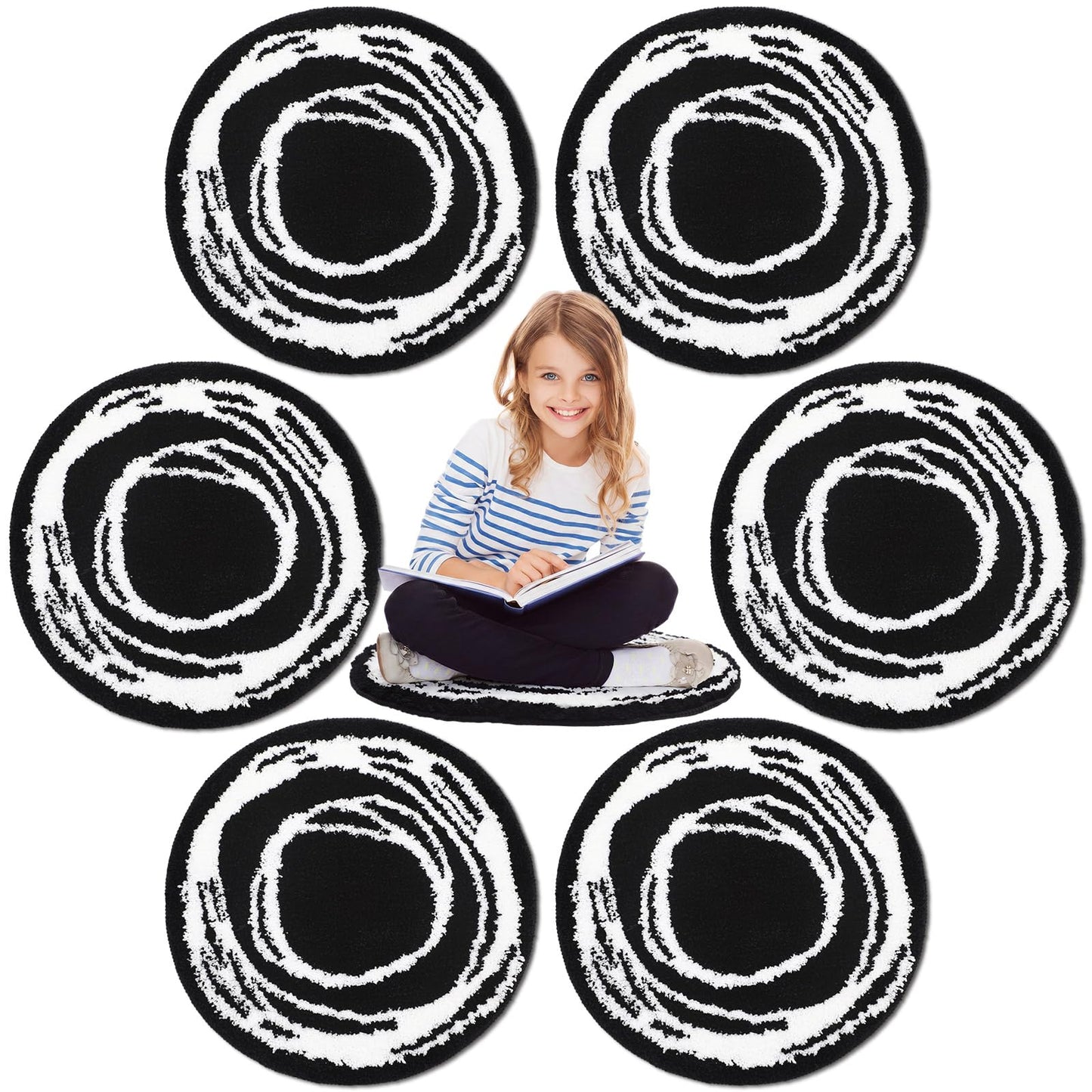 Teenyyou 6 Pcs 16" Black Fluffy Round Classroom Rug Elementary Sampler Abstract Educational Fuzzy Plush Area Rug Kid Room Children Classroom Carpet Playroom Learning Black Round Flexible Seat