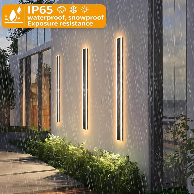 Long Outdoor Wall Light, 47 Inch 2pcs Exterior Wall Sconce 3000K-6000K Dimmable IP65 Waterproof LED Modern Exterior Sconce Black Wall Lighting for House Front Door Porch Garage