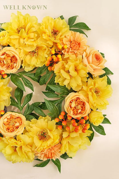 WELL KNOWN Flowering Wreaths for Front Door, Silk Peony Wreath for Front Door Porch & Indoor Wall Window, Fall Winter Wreath for Thanksgiving Farmhouse Party Veterans Day Home Decor (Yellow Orange)