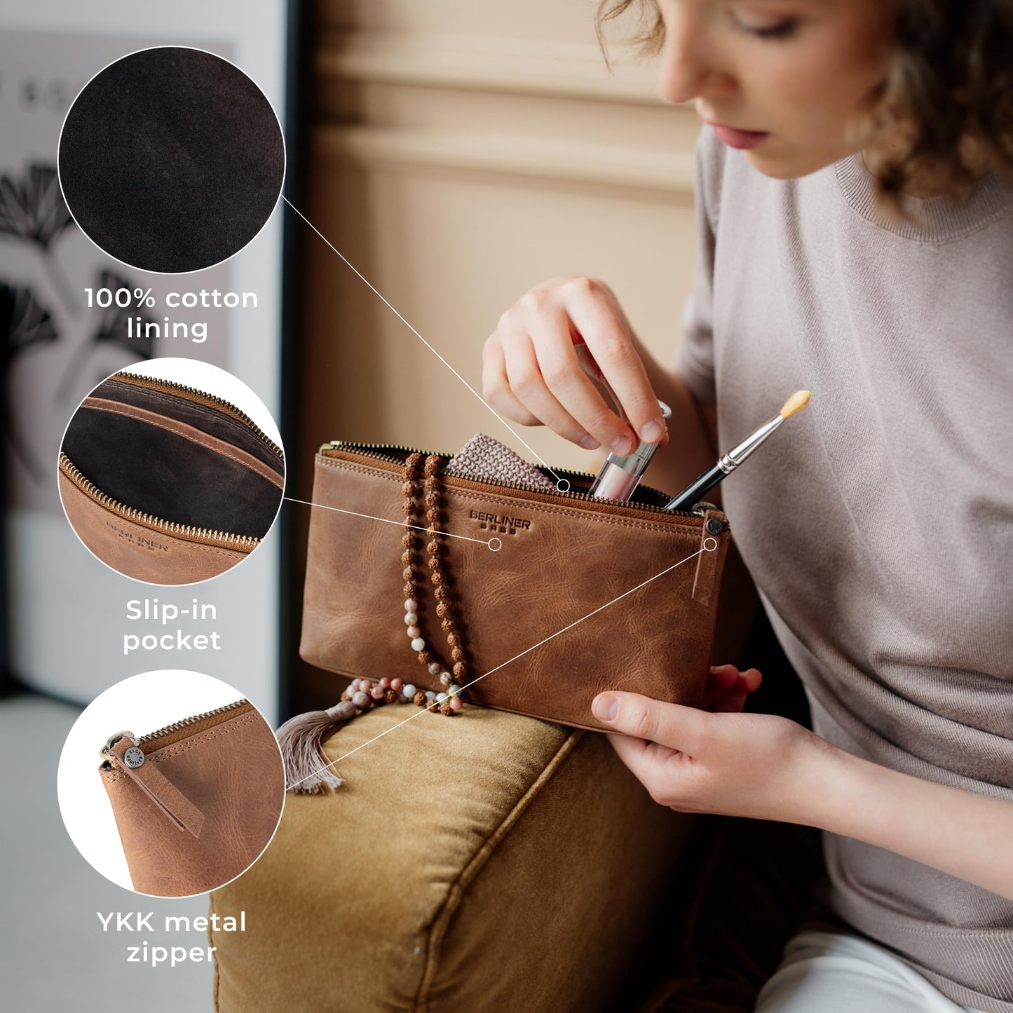 BERLINER BAGS Vintage Genuine Leather Makeup Bag Anna, Cosmetic Bag for Purse, Travel and Cosmetics Pouch with Zipper for Women- Brown