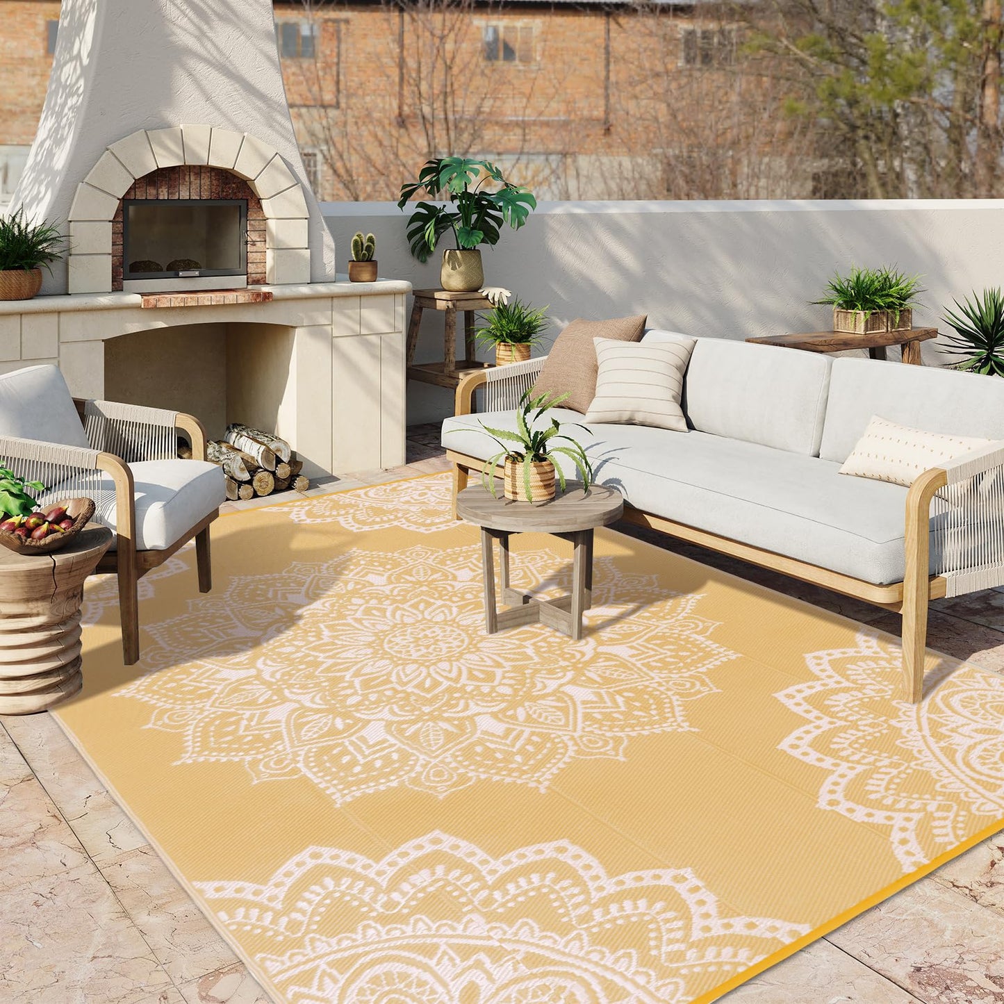 Yamaziot Waterproof Outdoor Rug 8x10 ft, Reversible Plastic Straw Rug for Patio Clearance, Camping, RV Mat, Large Outside Rug Carpet for Porch, Deck, Backyard, Balcony, Picnic, Yellow