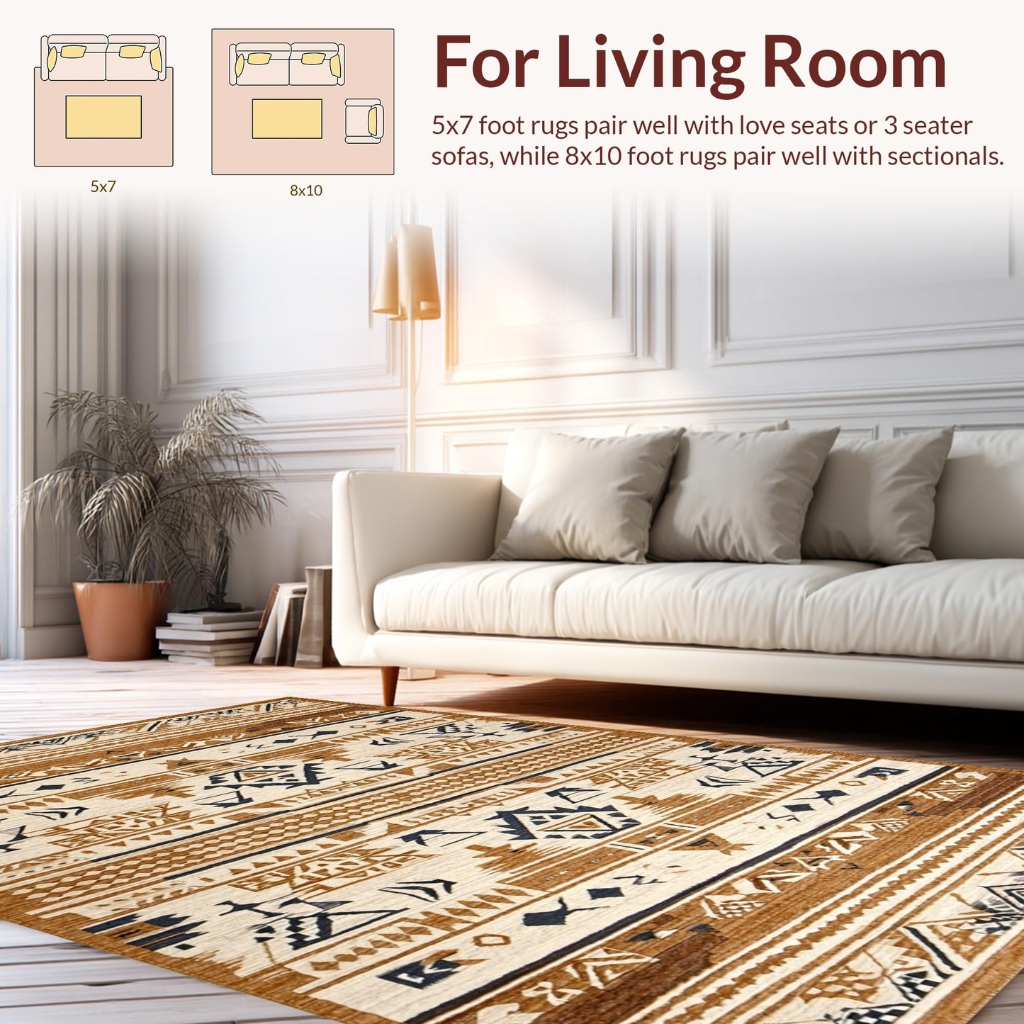 ODIKA Flatwoven High Traffic Area Rug 5x7, Cultural Heritage Geometric Motif, Non Slip, Stain Resistant, Washable Area Rugs for Living Room, Bedroom (Beige, 5x7)