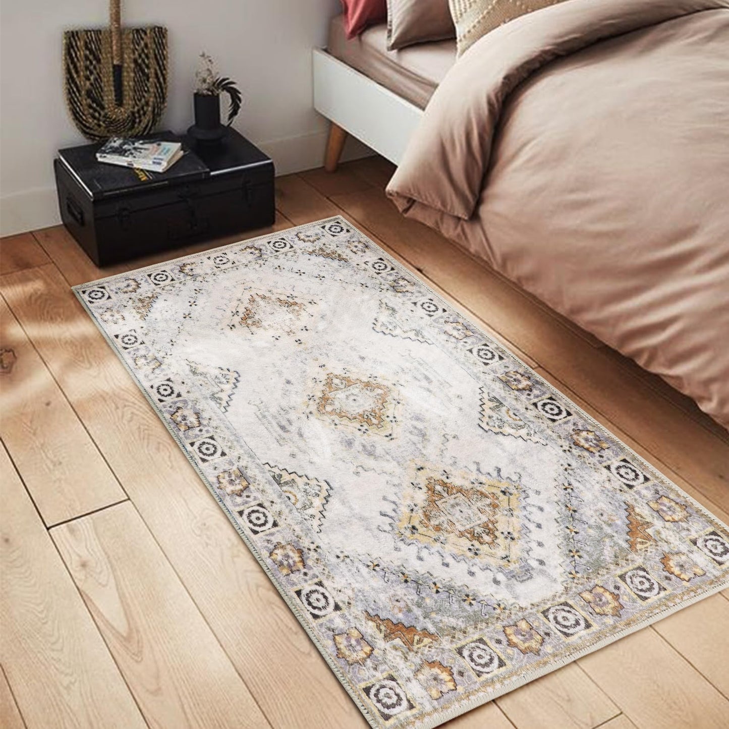COMSLE Area Rug 2x4 Faux Wool Throw Rug for Entryway, Boho Washable Small Rugs Non-Slip Distressed Carpet Soft Accent Floor Rug for Indoor Entrance, Bedroom, Living Room, Kitchen (Khaki)