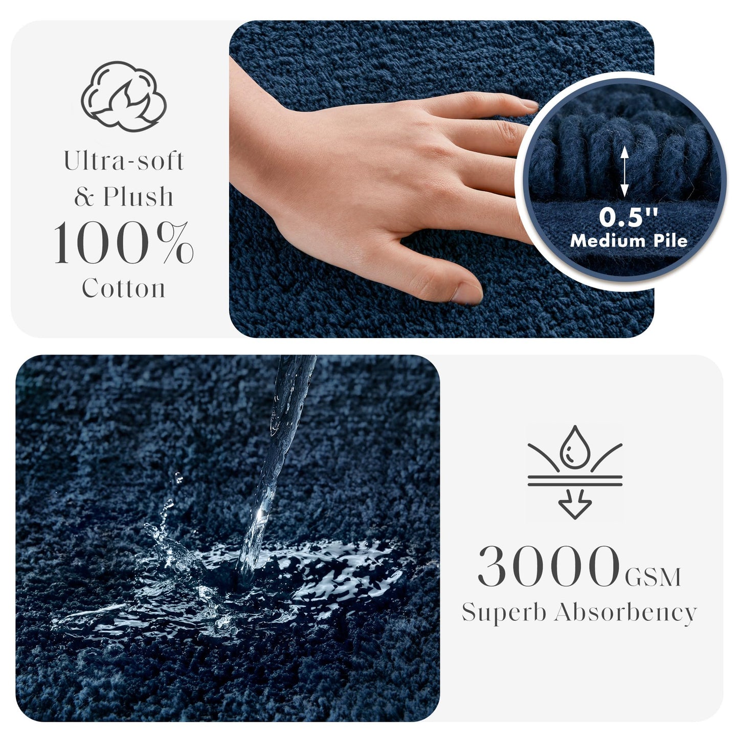 Madison Park Splendor Reversible 100% Cotton Tufted Bathroom Rug-3000 GSM Hotel Quality Luxurious Plush Medium Pile Bath Mat Absorbent, Quick Dry, Shower Room Décor, 17x24 Navy