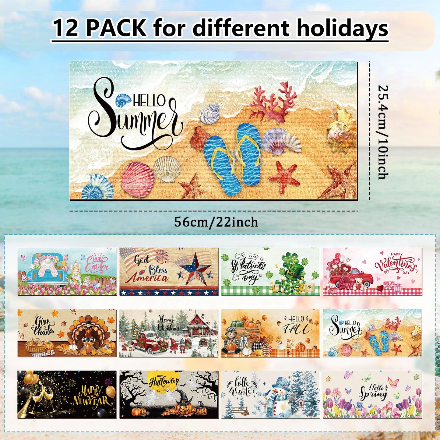 Tinideya 12 Pcs Seasonal Welcome Doormats 10 x 22 Inches Cute Seasonal Summer Independence Day Fall Doormats Decorative Festival Indoor Outdoor Non Slip Mats for All Holidays(Classic Style)