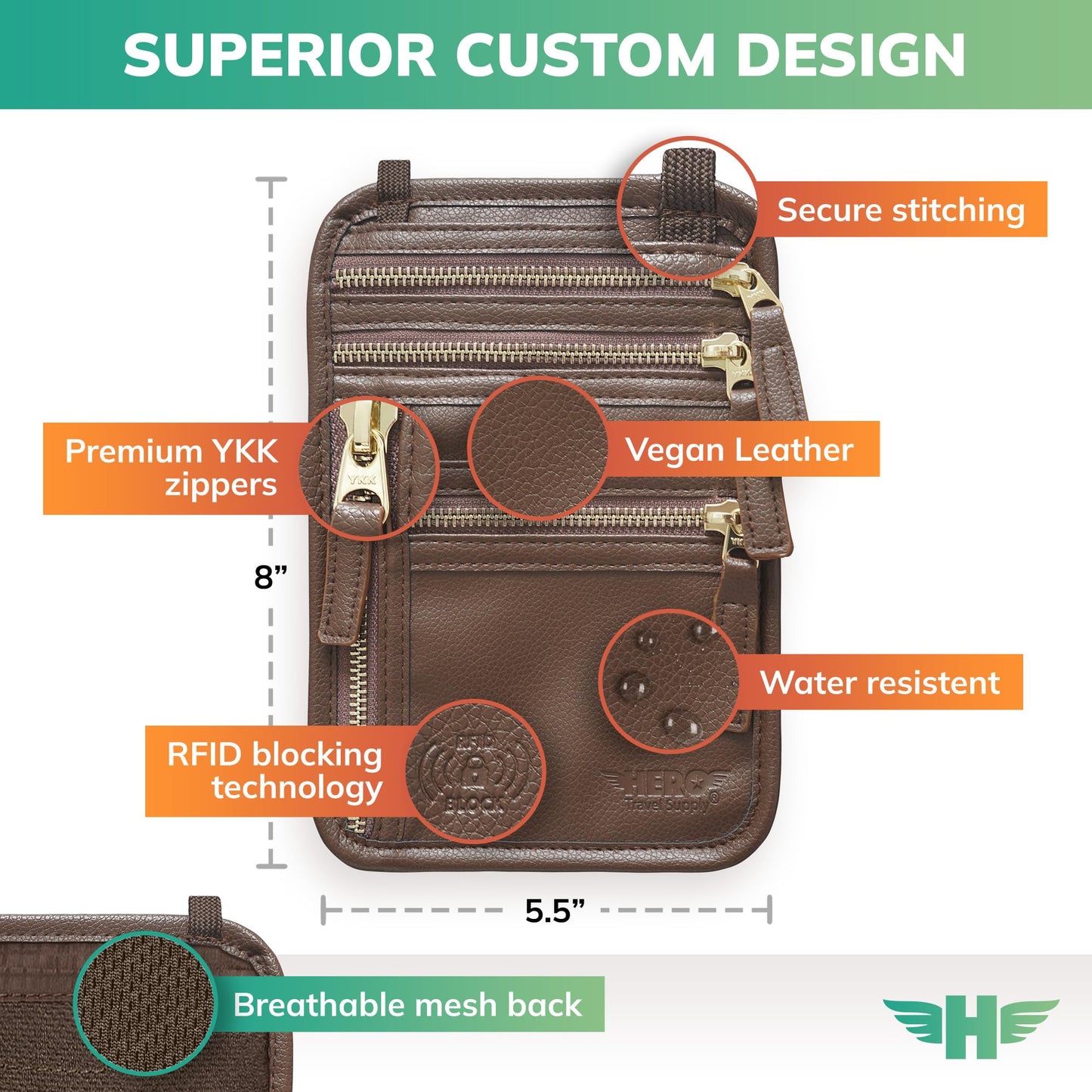 HERO Neck Wallet - RFID Blocking Passport Holder, Easy to Conceal Travel Pouch (Vegan Leather Brown)