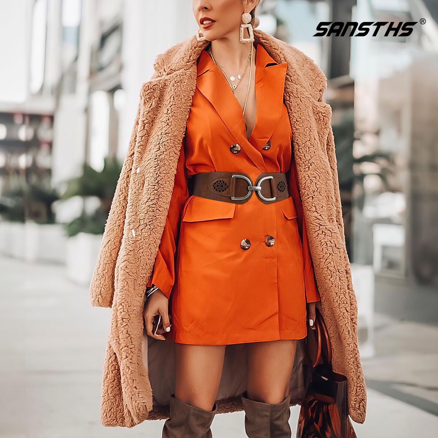 SANSTHS Vintage Women Stretchy Wide Belt Chunky Buckle Elastic Wide Waist Belts for Dresses Coats, Coffee XXL