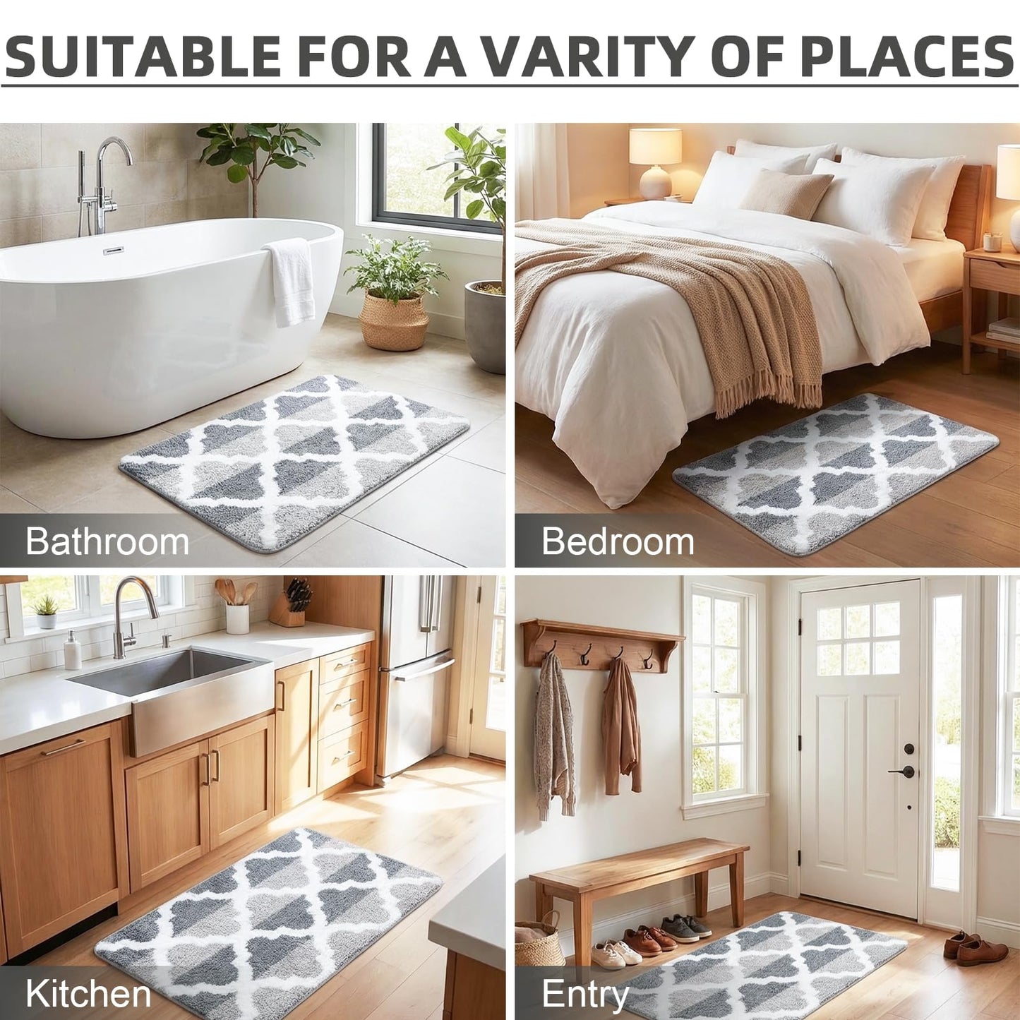 Arttown Dark and Light Grey Trellis Bathroom Rug Set 2 Piece Fluffy Microfiber Non-Slip Water Absorbent Bath Mat Soft Washable for Tub Showers Laundry Room Decor (16"x24"+20"x32")