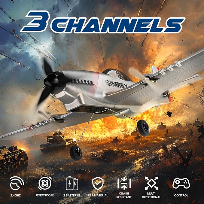 SIMREX RC Plane for Kids - 2.4GHz 3-Channel Remote Control Airplane Toy with 6-Axis Gyro 2 Speeds 2 Batteries P51 RC Airplane Foam Glider - Gift for Boys &amp Girls