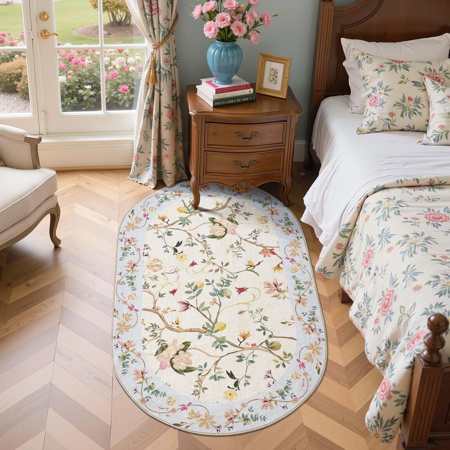 jinchan Floraison Floral Oval Rug for Entryway 3x5 Washable Oriental Flower Design Soft Non Slip Lightweight Low-Pile Chinoiserie Throw Carpet for Bedroom Living Kitchen Room Home Beige/Blue
