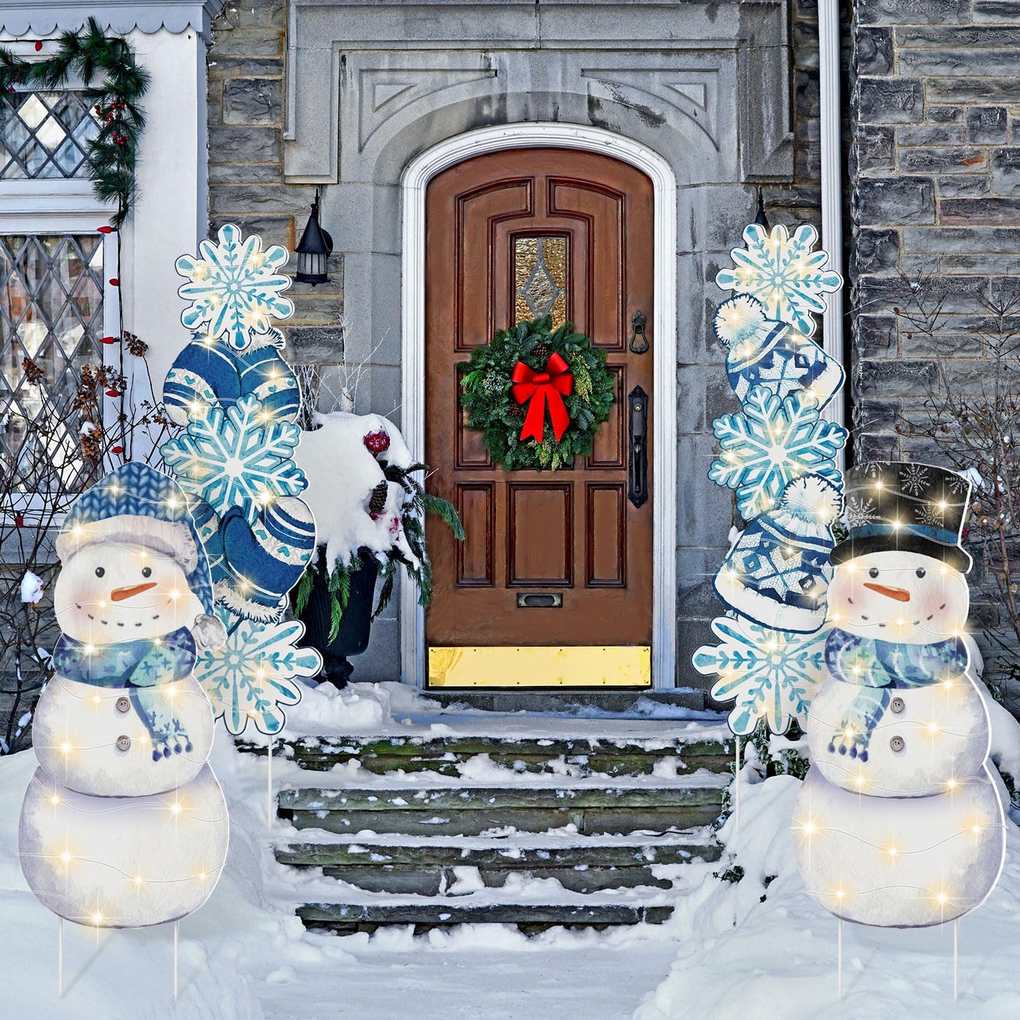 Bencailor 4 Pcs Winter Outdoor Decorations Snowman Snowflake Yard Signs with Stakes Christmas Garden Signs with LED Light Xmas Holiday Large Yard Decor for Home Lawn Party Favor Supplies(Winter Style)