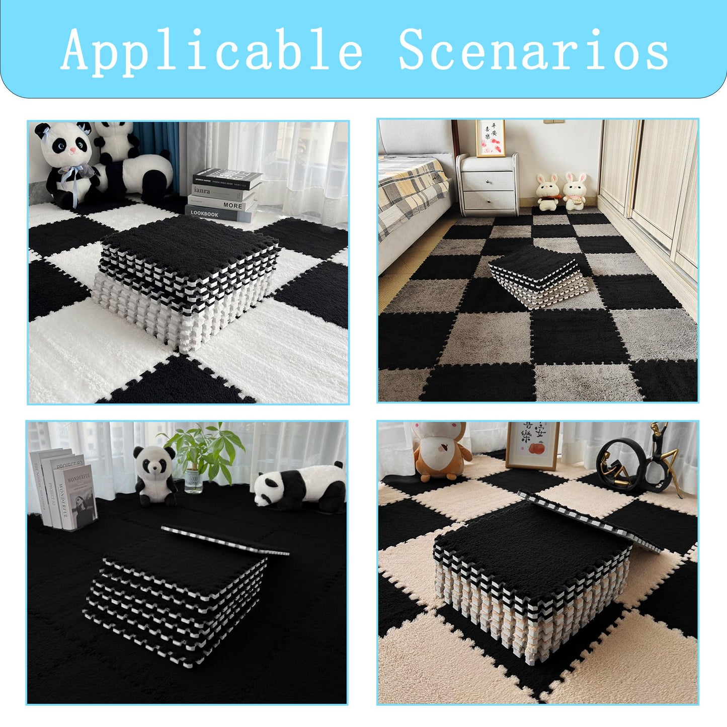 Interlocking Carpet Shaggy Soft EVA Foam Mats Fluffy Area Rugs Protective Floor Tiles Exercise Play Mat for Children Kids Room Home Parlor Bedroom 12 pcs Black