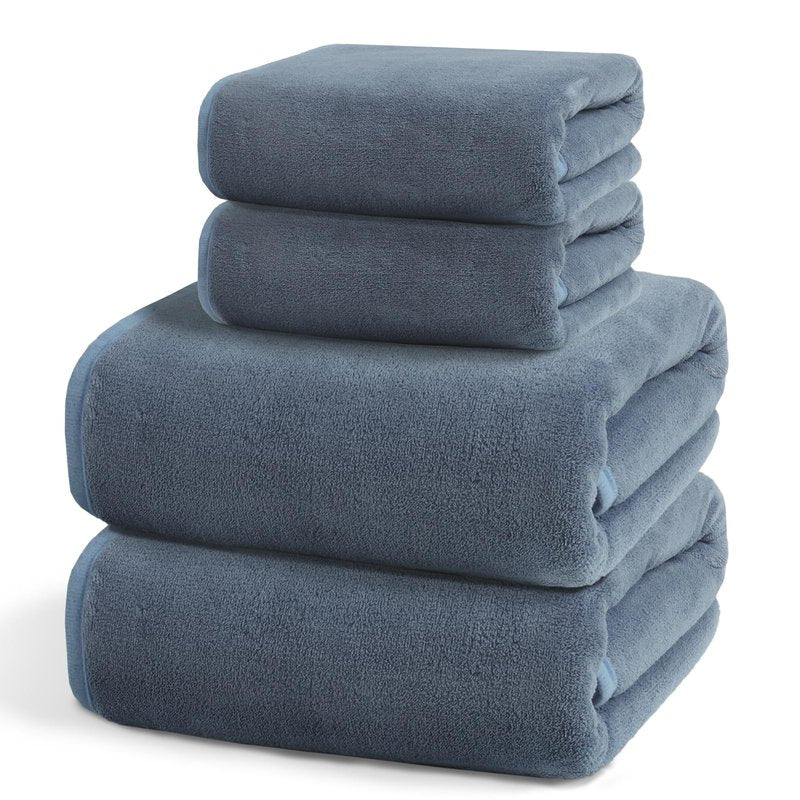 Exclusivo Mezcla 4-Piece Ultra Soft Bath Towel Set, Large Highly Absorbent Microfiber Coral Velvet Towel, Quick Drying for Body, Bathroom, Gym, Spa, 2 Bath Towels, 2 Hand Towels, Grey Blue
