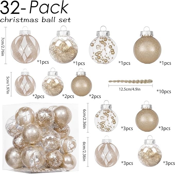 XmasExp 32ct Christmas Ball Ornaments Set -Champagne Clear Plastic Shatterproof Xmas Tree Ball Decorations Hanging Baubles for Holiday Decor