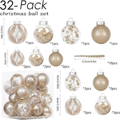 XmasExp 32ct Christmas Ball Ornaments Set -Champagne Clear Plastic Shatterproof Xmas Tree Ball Decorations Hanging Baubles for Holiday Decor