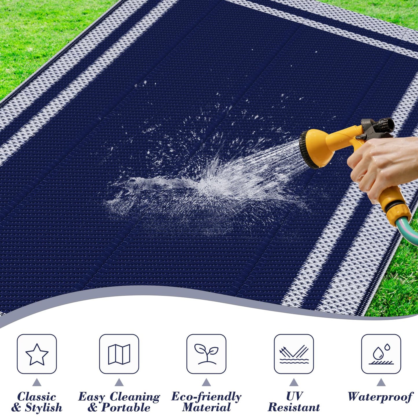 KMAT Outdoor Rug, Waterproof Reversible Patio Rugs, 5x8ft Large Outdoor Area Rug Foldable Plastic Camping Rugs for Outside RV, Patio,Picnic,Camper,Balcony,Porch (Blue &White)