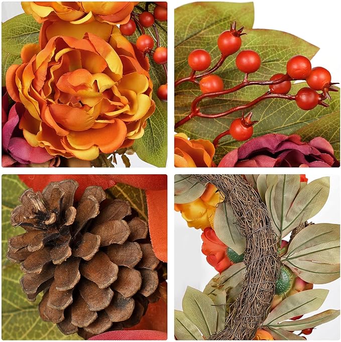 Artificial Fall Wreath for Front Door – 24 Inch Peony & Mixed Floral Wreath with Maple Leaves & Berries, Rustic Autumn Wall Décor