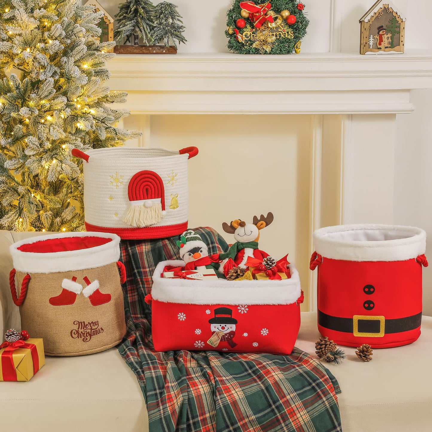 Christmas Basket Cotton Rope Blanket Storage Basket Large Christmas Buckets with Red Handle, Laundry Baskets with 3D Santa Claus Raffle Basket Holiday Baskets Empty for Gifts Decorative Winter Baskets