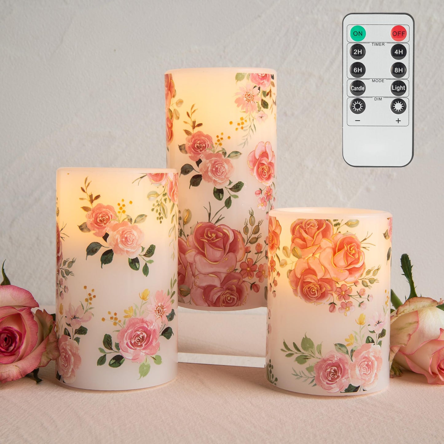 LUSHARBOR Flameless Candles with Remote, Battery Operated Candles Real Wax Pink Rose Flickering LED Candles Floral Christmas Decor Electric Pillar Candles Set of 3
