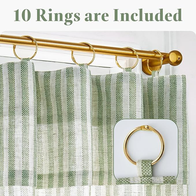 jinchan Striped Linen Kitchen Curtains with Attached Valance 36 Inch Length Cafe Tier Curtains for Living Room Rustic Half Window Light Filtering Rod Pocket Small Drapes 2 Panels Green