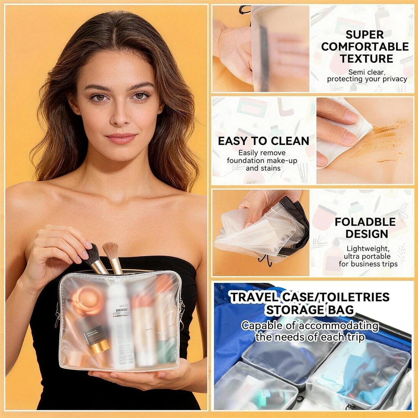 Qbily Clear Leak Proof Travel Bags for Toiletries 3 Pack, Super Soft Waterproof Leak Proof BPA Free, Semi-Clear Toiletry Cosmetic Makeup Bags for Travel, Approved Travel Toiletry Bag With Zipper