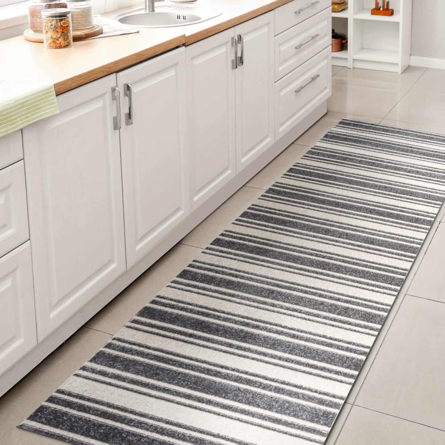 JONATHAN Y Machine Washable Cream/Dark Gray Runner Rug 2X8 ft, Fawning Two-Tone Striped Classic Low-Pile for Living Room, Bedroom, Kitchen, Office, Easy-Cleaning, Pet-Friendly Non-Shedding WSH304A-28