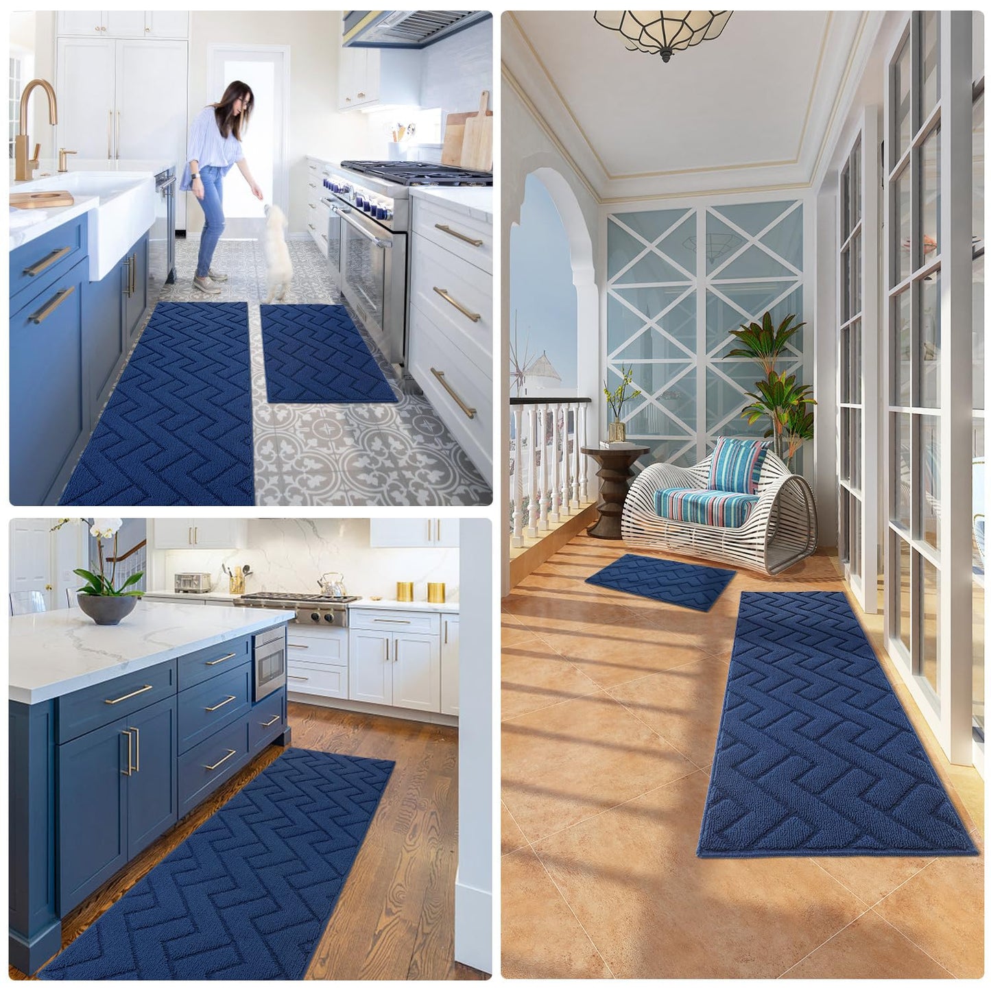 hicorfe Kitchen Runner Rugs and Mats Sets,2 Pieces Absorbent Non-Slip Kitchen Rug,Comfort Kitchen Mat for Floor,Washable for Kitchen,Hallway,Office,Sink,Laundry(24"x35"+24"x35",Navy Blue)