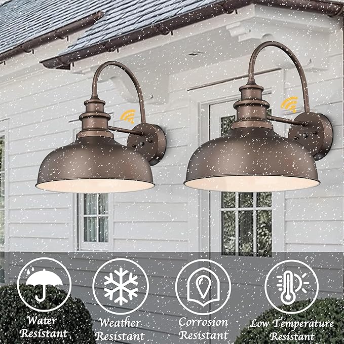 Bestshared Dusk to Dawn Gooseneck Barn Lights 16 Inch Dome Anti-Rust Farmhouse Outdoor Wall Sconce Outside Wall Mount Lighting Fixture Front Door Lantern Lamp for Patio(ORB+White,16” Dome-2Pack)