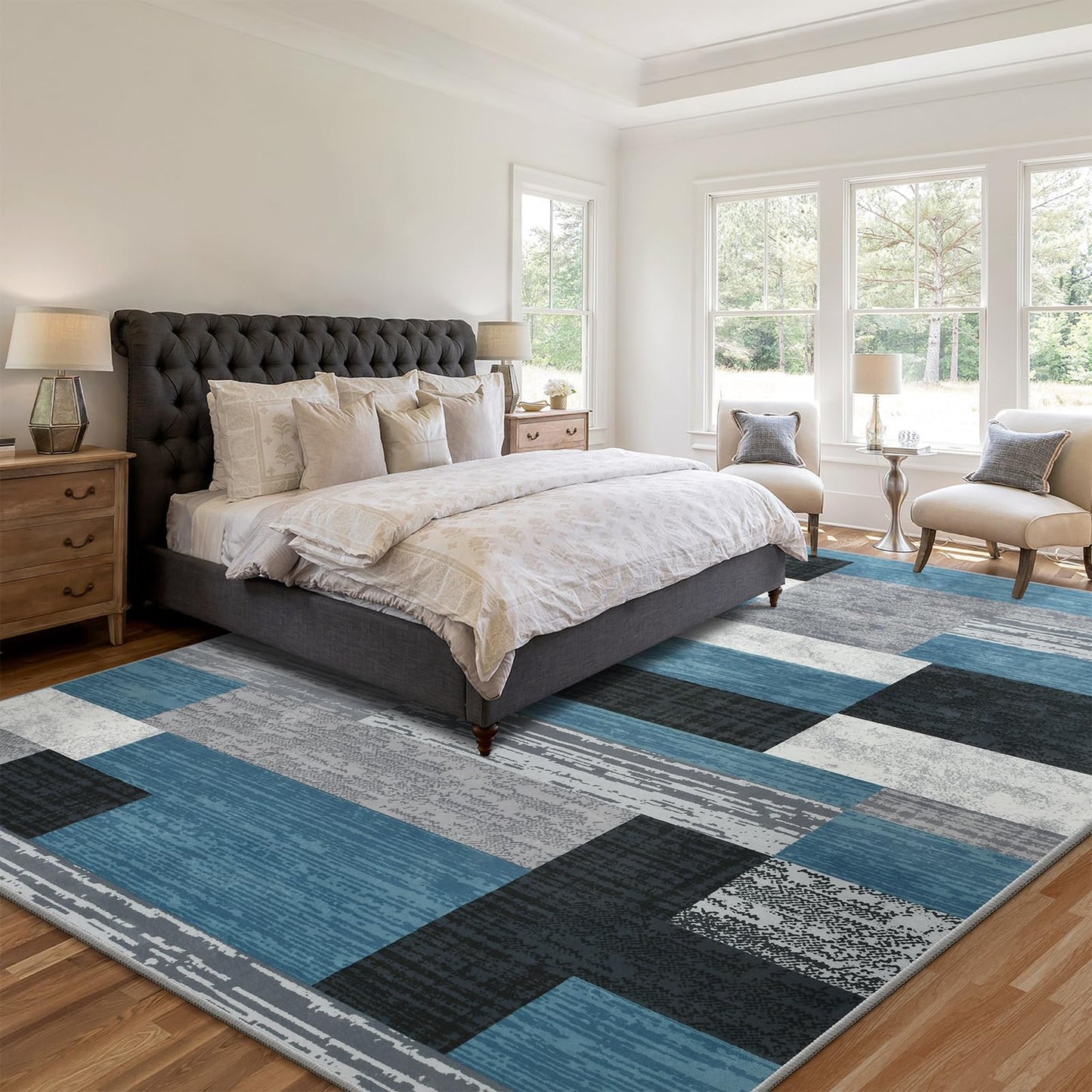 Large Area Rugs,Modern Geometric Patchwork Floor Decor for Bedroom Aesthetic Carpet, Rockwood Collection, Indoor Rugs for Living Room, Dining Room, Nursery, Office, Machine Washable Rug,5x8 Ft Blue