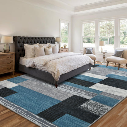 Large Area Rugs,Modern Geometric Patchwork Floor Decor for Bedroom Aesthetic Carpet, Rockwood Collection, Indoor Rugs for Living Room, Dining Room, Nursery, Office, Machine Washable Rug,5x8 Ft Blue