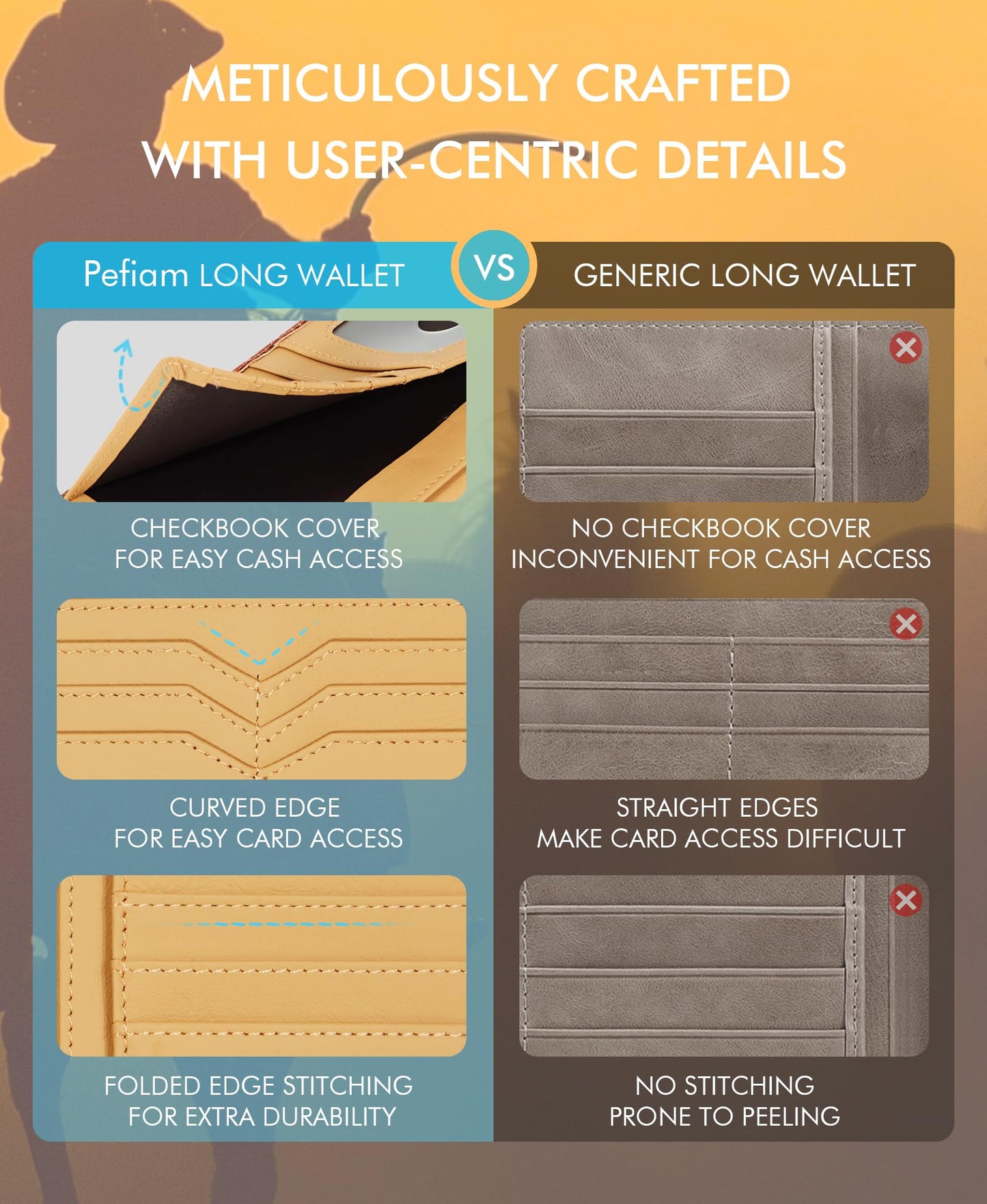 Pefiam Long Wallet for Men Leather, Mens Checkbook Wallet Rodeo, Large Western Cowboy Wallet Bifold, RFID Blocking, Gift for Men (American Flag, Brown)