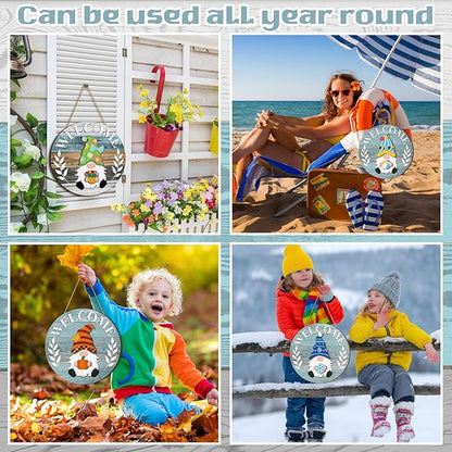 Qunclay Interchangeable Wooden Gnome Decor Holiday Seasonal Gnome Decorations with Magnet Pieces and Detachable Hats Changeable Welcome Sign for Home(Blue Style)