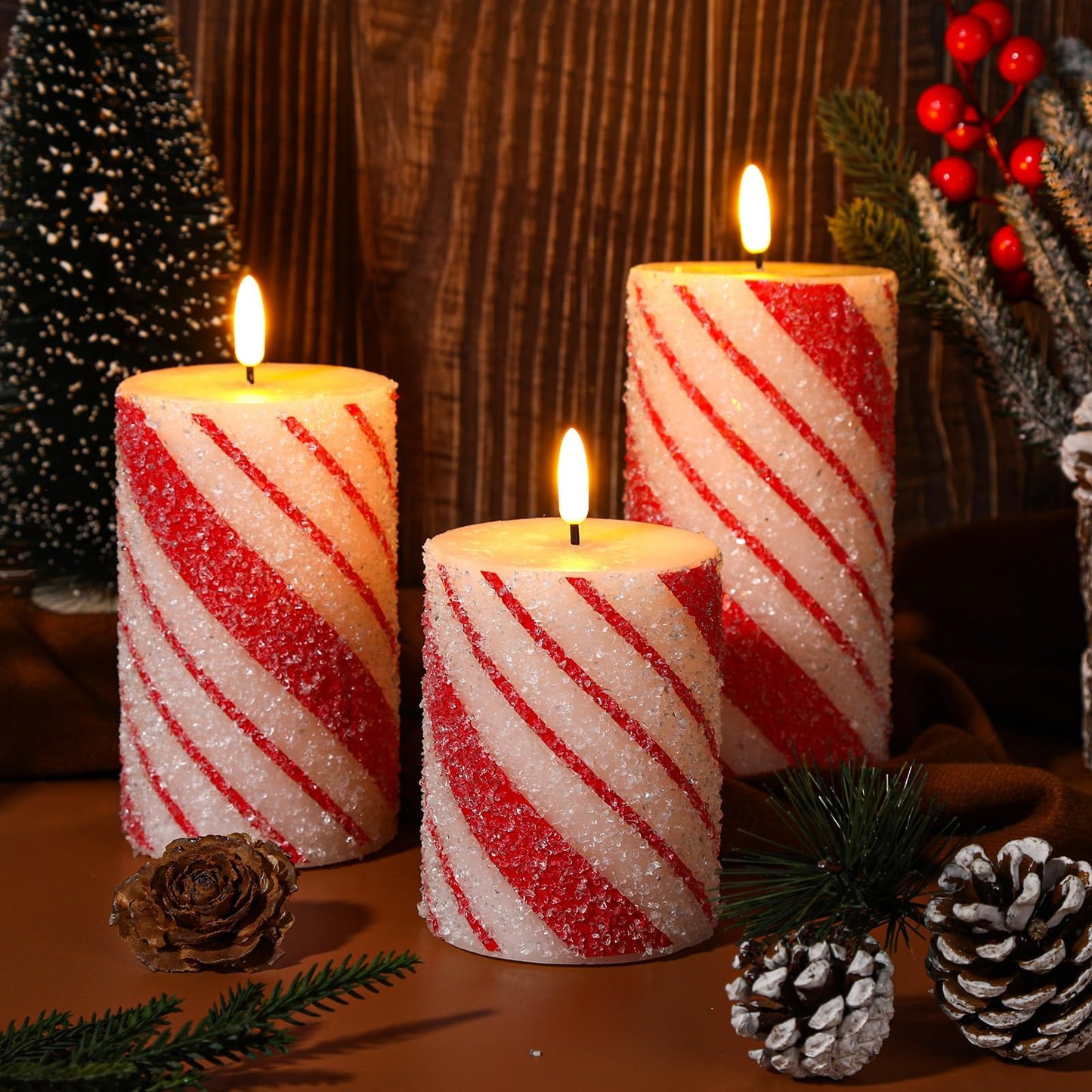 Lonfliness 5 Pcs Christmas Stripe Flameless LED Candles 6 Inch Christmas Candy Cane Candles with Sea Salt Granules Battery Operated Flickering Candlestick for Xmas Holiday Party Wedding Decor