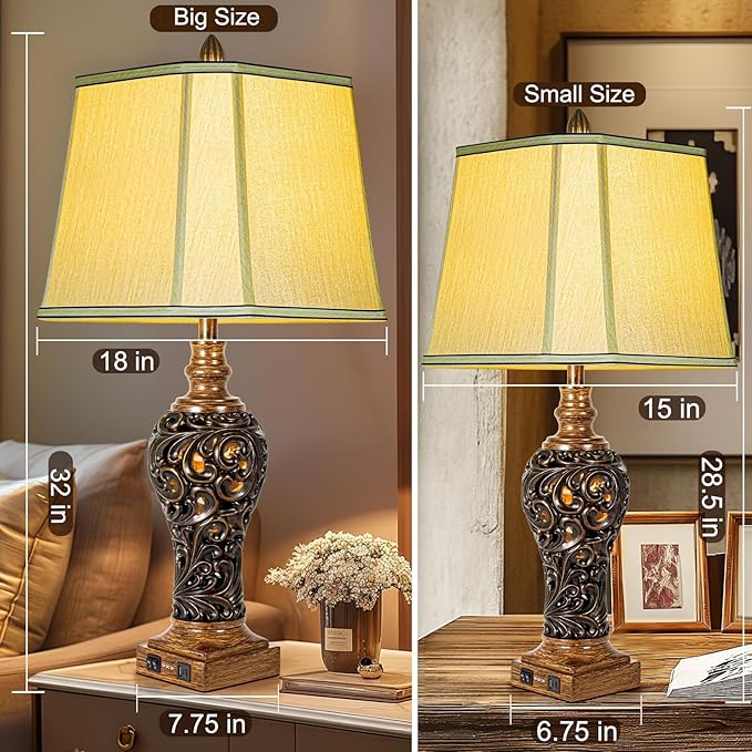 32'' Tall Rustic Vintage Table Lamps Set of 2 with Night Lights - Bedside Lamp with Faux Silk Shades for Bedroom and Living Room with 2 USB Charging Ports,Rustic Lamps for Living Room(Bulb Included)