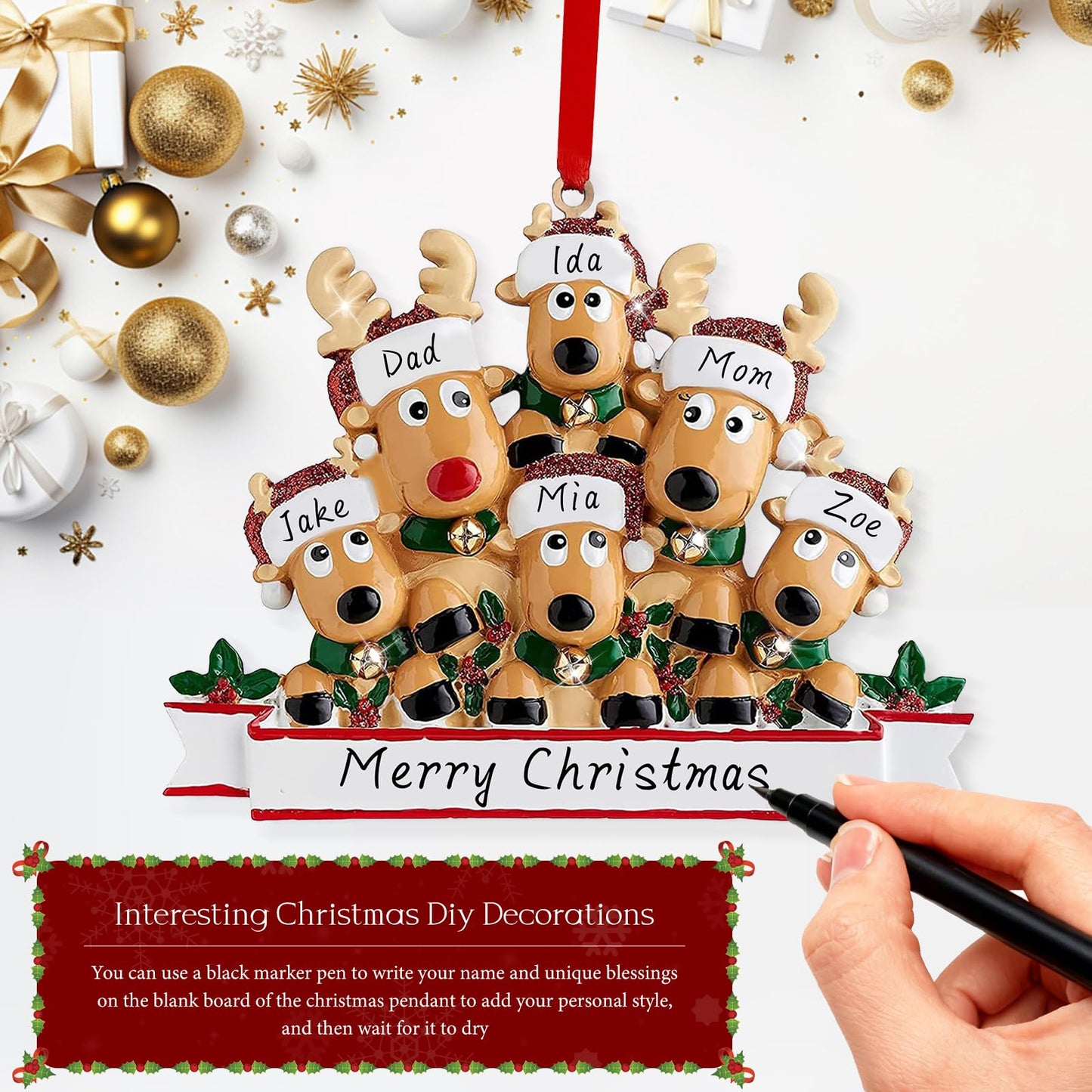 Personalized Deer Christmas Ornaments 2025 Family of 2,3,4,5,6, Custom Engraved Names & Year, Custom Polyresin Hanging Reindeer Ornament for Xmas Tree Decoration Holiday Family Decor Gifts