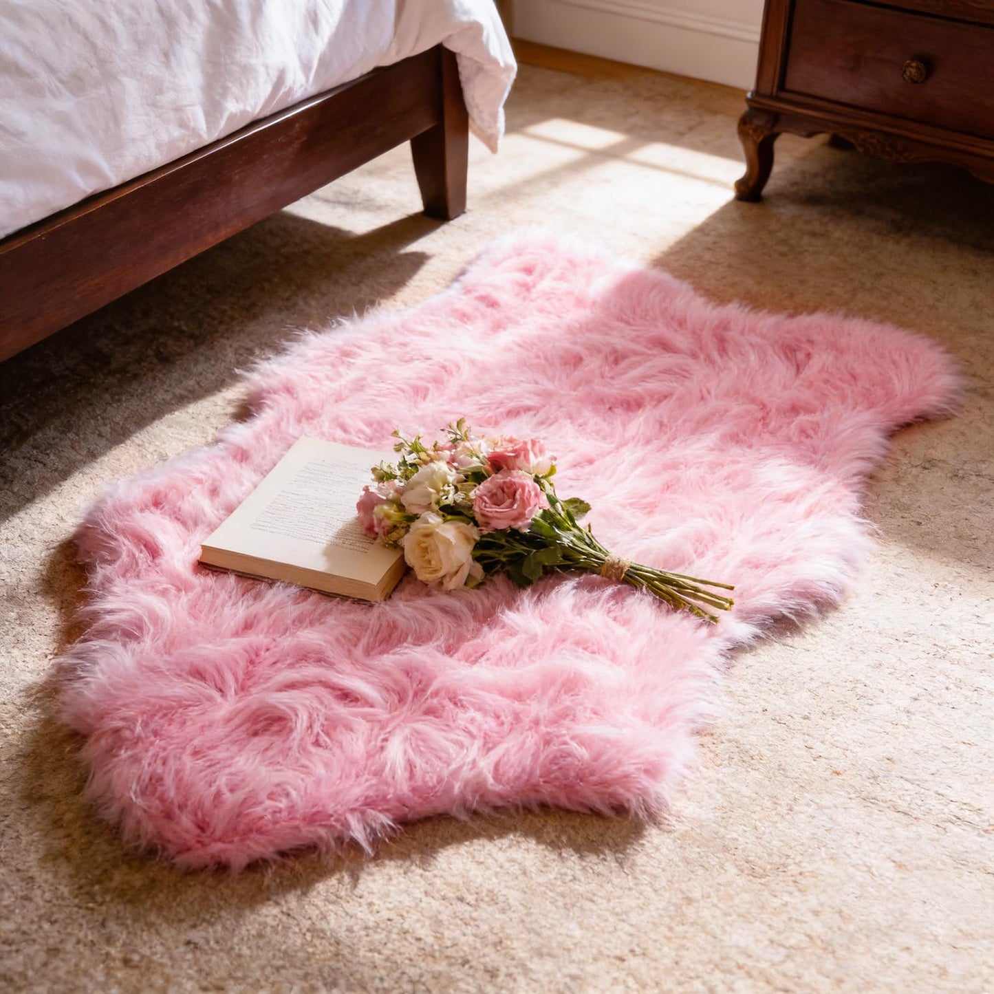 TUOTPE Ultra Soft Faux Fur Rug, Fluffy Shaggy 2 x 3 Ft Sheepskin Fur, Pink Plush Faux Area for Bedroom Nursery Living Room