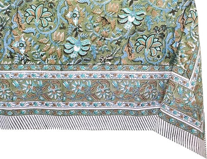 ATOSII Eden Green100% Cotton Boho Square Handblock Print Floral Tablecloth I Dining Table Linen I Parties, Wedding, Outdoors, Thanksgiving I Spring Summer 60 X 60 Inches