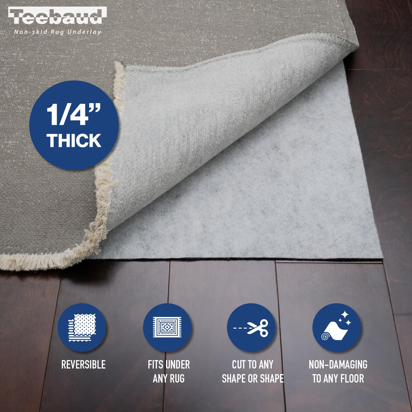 Teebaud 2' x 8' Non-Slip Rug Pad, Reversible Gripper, Non Skid Pads for Hardwood, Vinyl, Tile, Laminate Floors, Keep Area Rugs Secure, Natural Materials Safe for Indoor Flooring, ¼” Thick