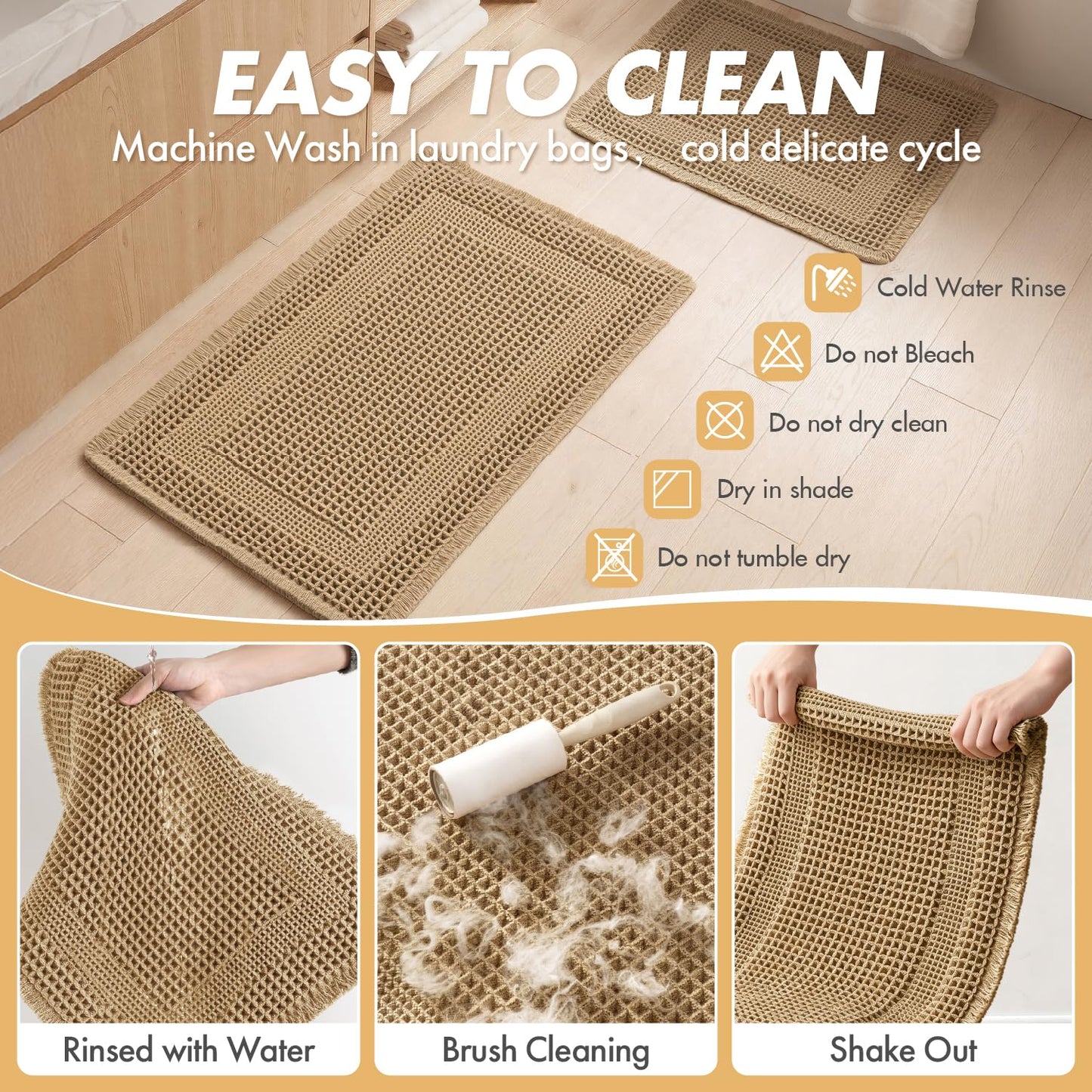 MIULEE Set of 2 Waffle Bathroom Rugs, Boho Bath Rug Super Absorbent, Non Slip Washable Ultra Soft Rubber Backed Shower Bath Mats for Floor, Tub, Shower, Looped Design, Brown, 17"x24"+18"x30"