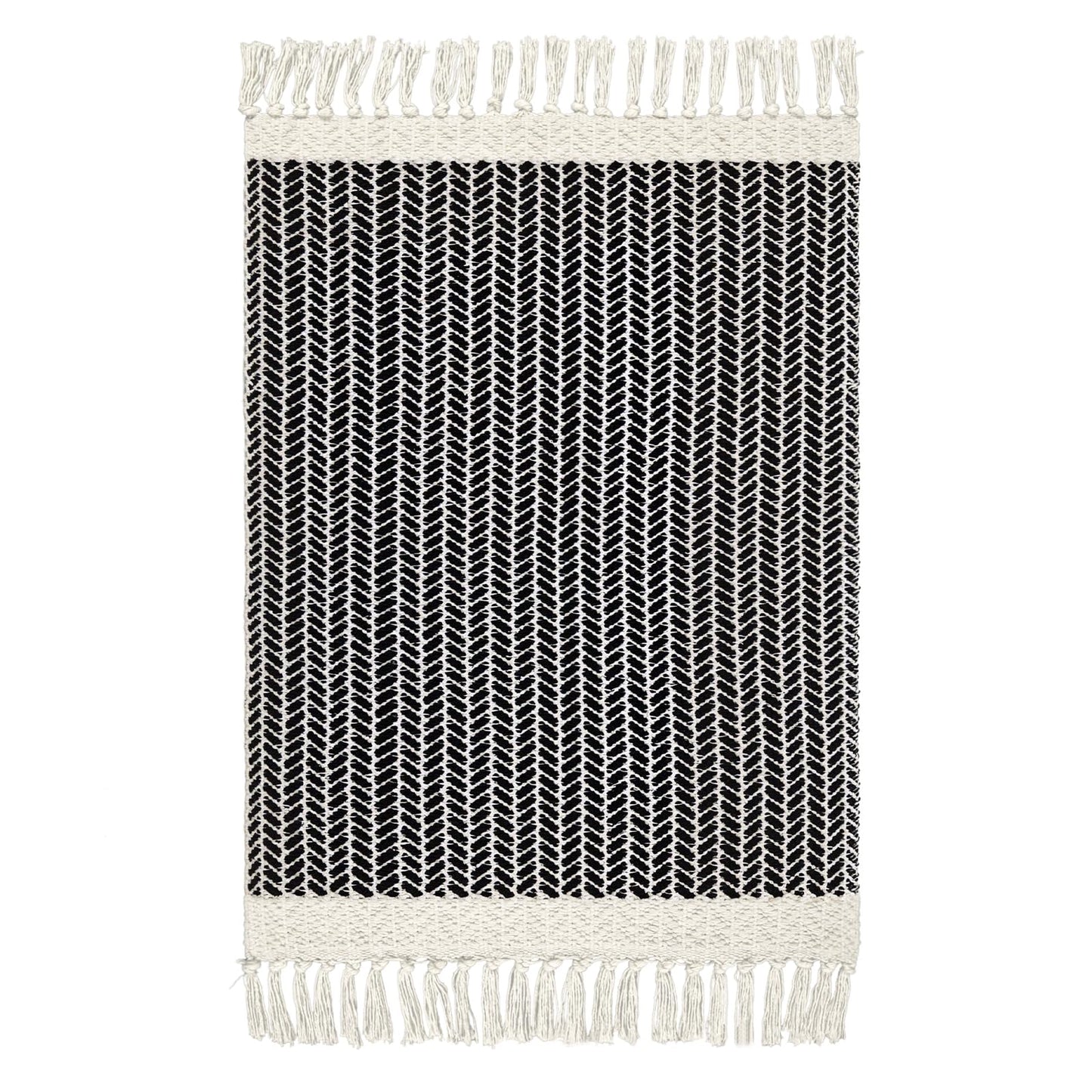 Lahome Belle Boho Entryway Rug, 3x5 Rugs for Bedroom Lightweight Washable Throw Rug Woven Cotton Bathroom Carpet with Tassels, Farmhouse Black and White Rugs for Living Room Kitchen Office Dorm