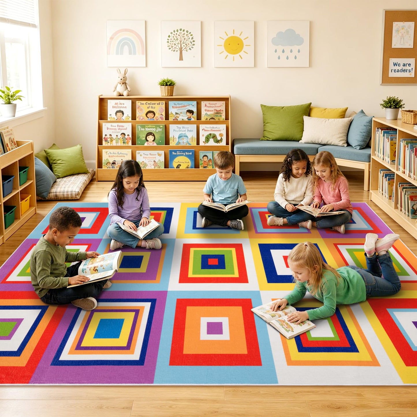Classroom Rug for Kids, 6x9 ft Non-Slip Classroom Seating Carpet, Preschool Circle Time Rug for Kindergarten Daycare Nursery, Playroom Reading Corner Floor Mat, 20 Seats