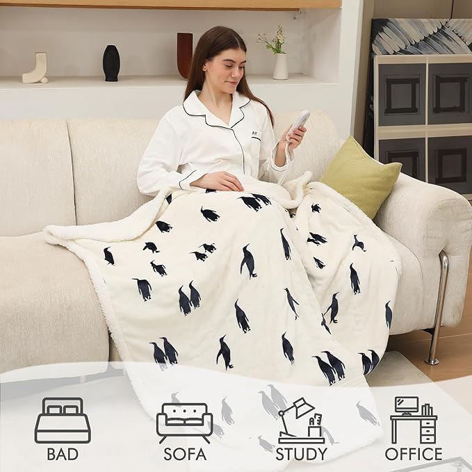 Heated Throw Blanket, Electric Blanket Throw with 5 Heating Levels & 4 Hours Auto Off, Super Soft Flannel Sherpa Fast Heating Blanket with ETL Certified for Bedding, 50"x60", Cream White
