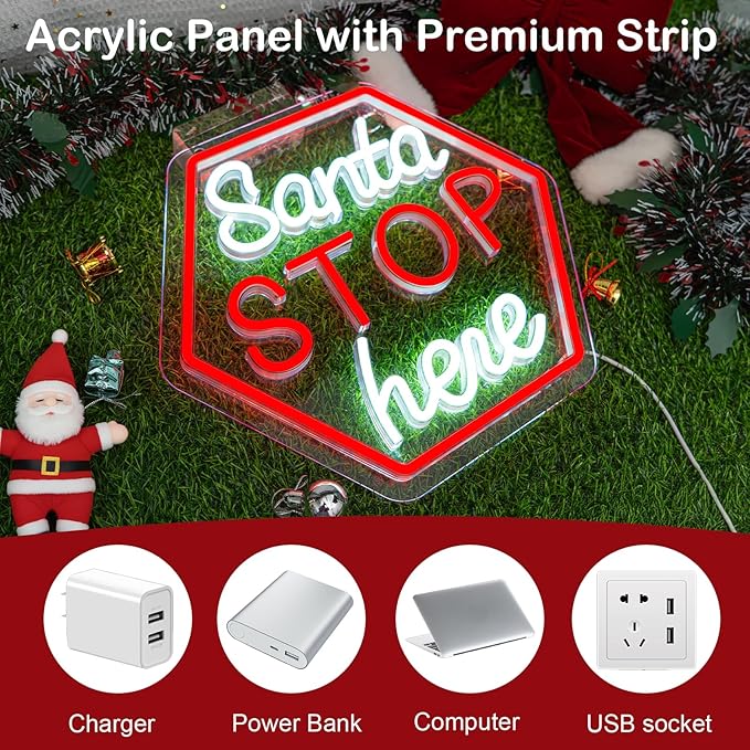 Santa Stop Here Neon Sign – Christmas LED Wall Light, Holiday Decoration for Home, Porch, or Party