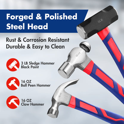 WORKPRO 5-Piece forge/Polish Steel Head, Fiberglass Handle Set - 32oz Rubber Mallet | 16oz Claw & Ball-Peen Hammers | 3lb Sledge | 22oz Double-Faced Mallet