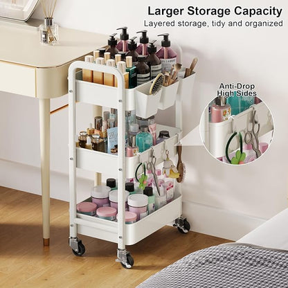 3 Tier Rolling Cart with Wheels, Metal Utility Storage Cart on Wheels, Craft Carts Organizer with Hanging Cups, Hooks, Three Tiered Rolling Carts for Bathroom, Laundry Room, Nursery, Office, White