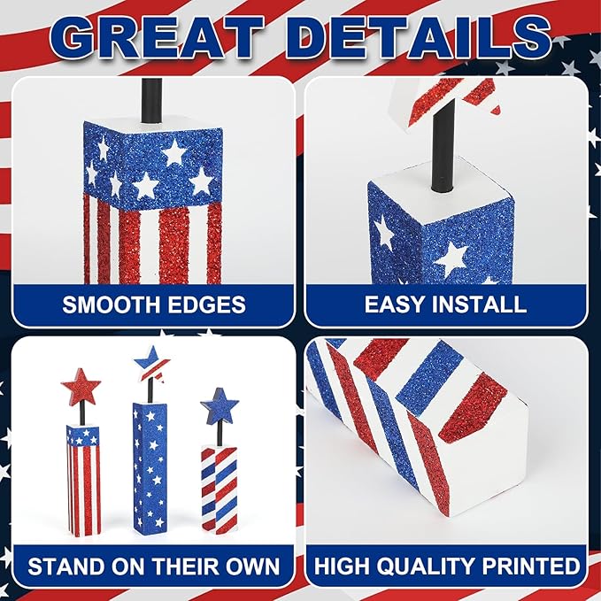 COCHIE 4th of July Decorations Set, Red White Blue Decor, Wooden Patriotic Memorial Day Tiered Tray Decor, Labor Day Decorations, Fourth of July Decoration for Home Office Table (Flag Shinny)